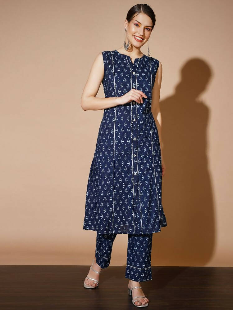 Myshka Women Blue Printed Kurta & Trousers | Grocsy