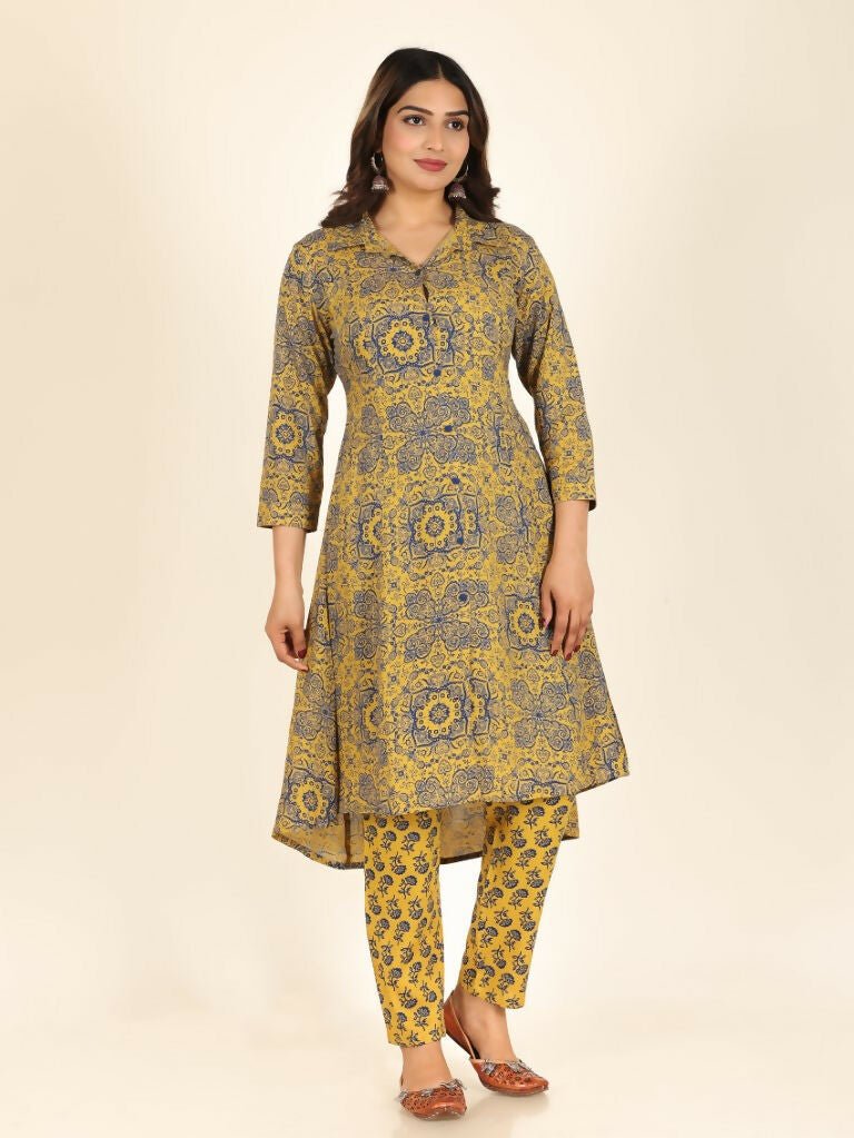 Aramya High Low Rayon Geometric Print Women's Kurta - Yellow | Grocsy