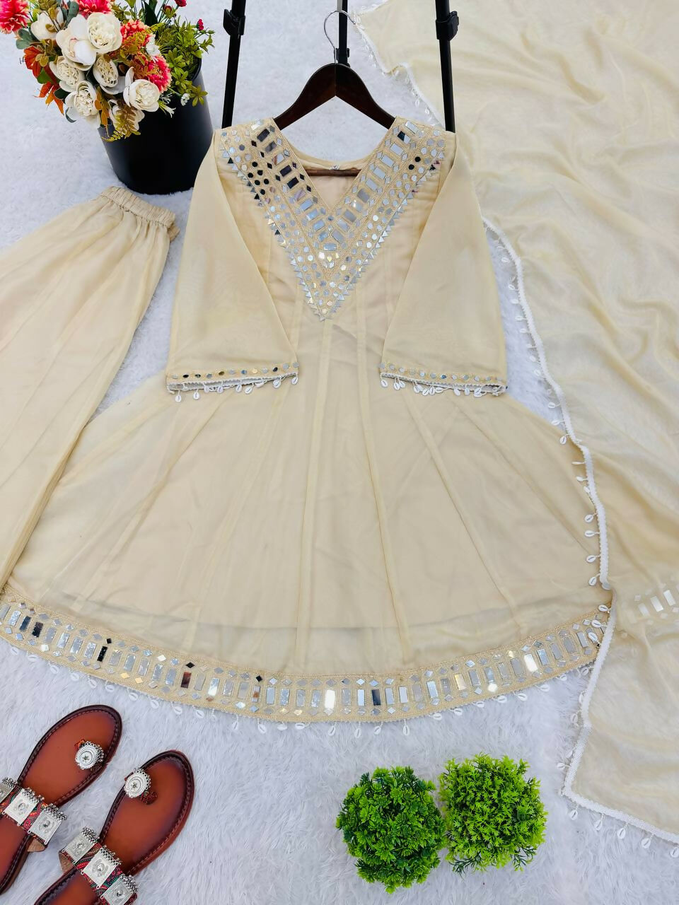 Teeya Creation New Latest Trendy Real Mirror Work With Lace Border Cream Kurta Set | Grocsy