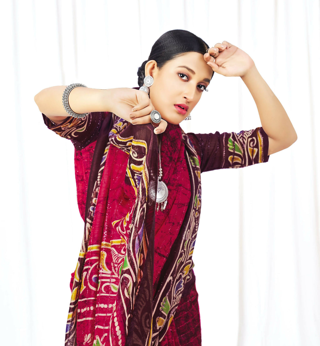 Red Chanderi Cotton Floral Printed Saree With Unstitched Blouse Piece - Kathika | Grocsy
