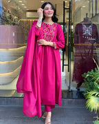 The52 Pink Women's Gorgeous Chanderi Fabric Embroidered Work Straight Kurta Pant and Dupatta Set | Grocsy