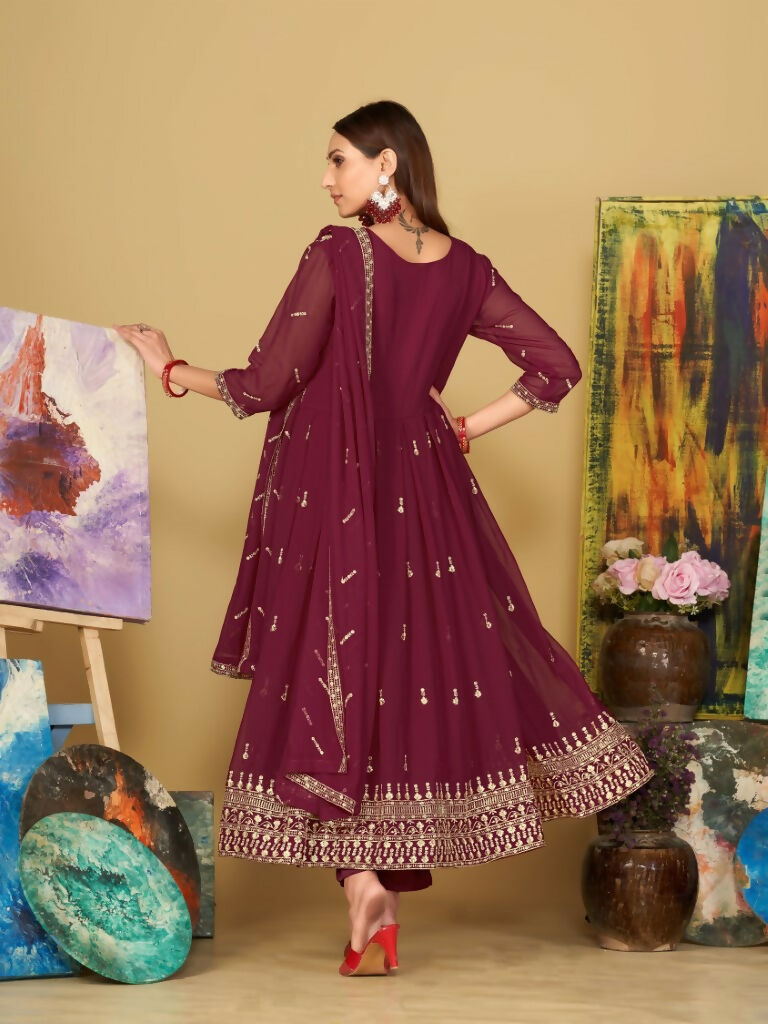 Jyoti Fashion Women's Rani Pink Georgette Embroidered Anarkali Kurta Pant Set With Dupatta | Grocsy