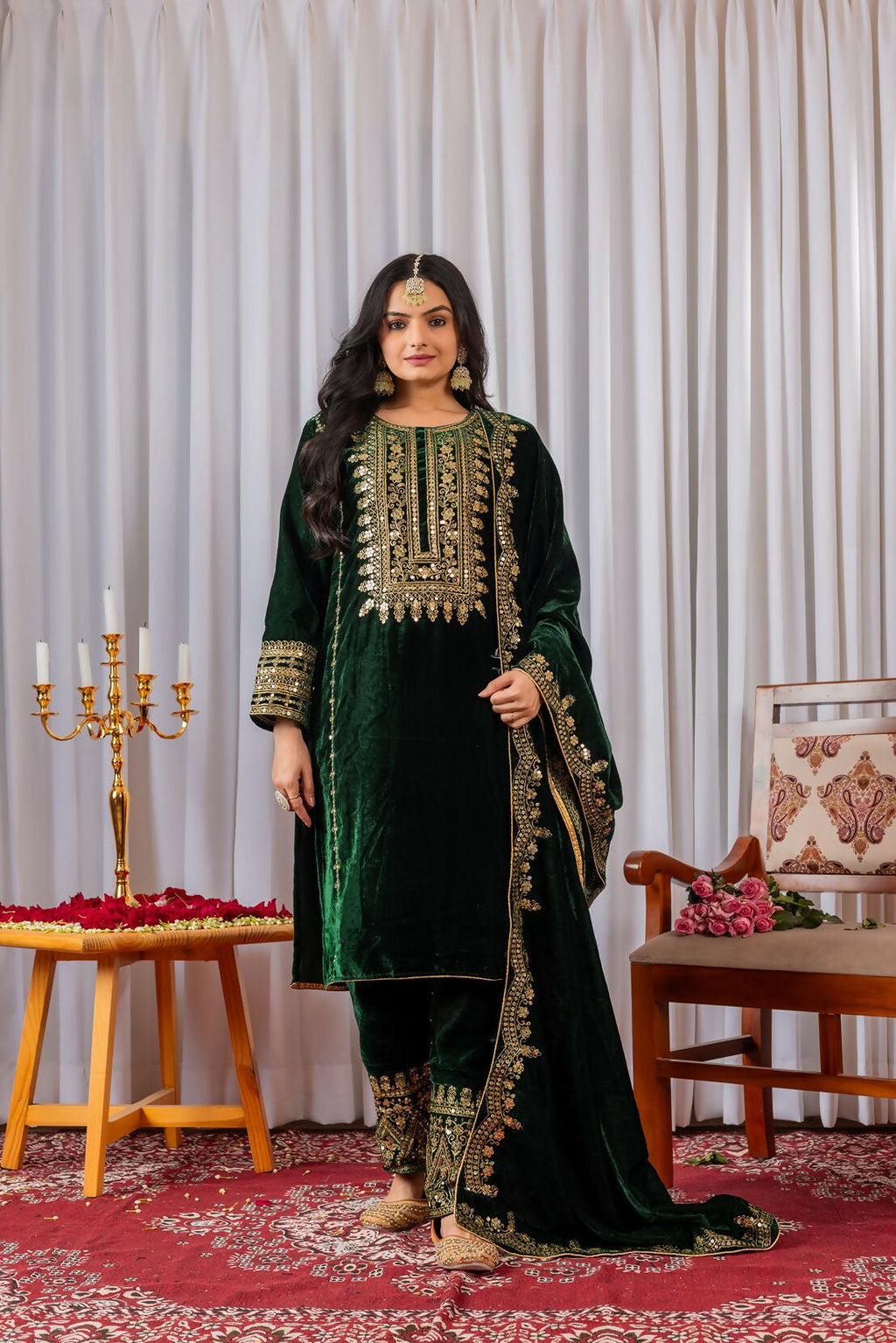 Joban Fashion Green Velvet Sequence Embroidery Work Kurta Set | Grocsy