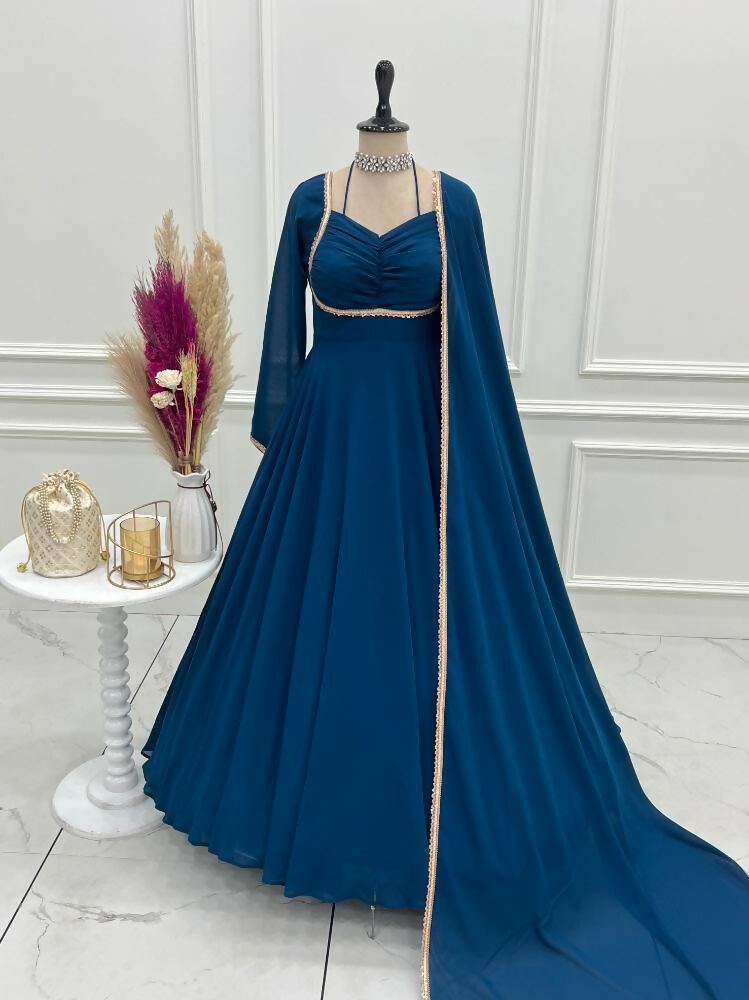 The52 Women's Gorgeous Solid Fox Blooming Georgette Fabric Flared Anarkali and Dupatta Set-Teal Blue | Grocsy