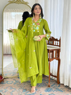 The52 Women's Beautiful Embroidery Work Viscose Silk Fabric Flared Kurta Pant and Dupatta Set-Liril | Grocsy