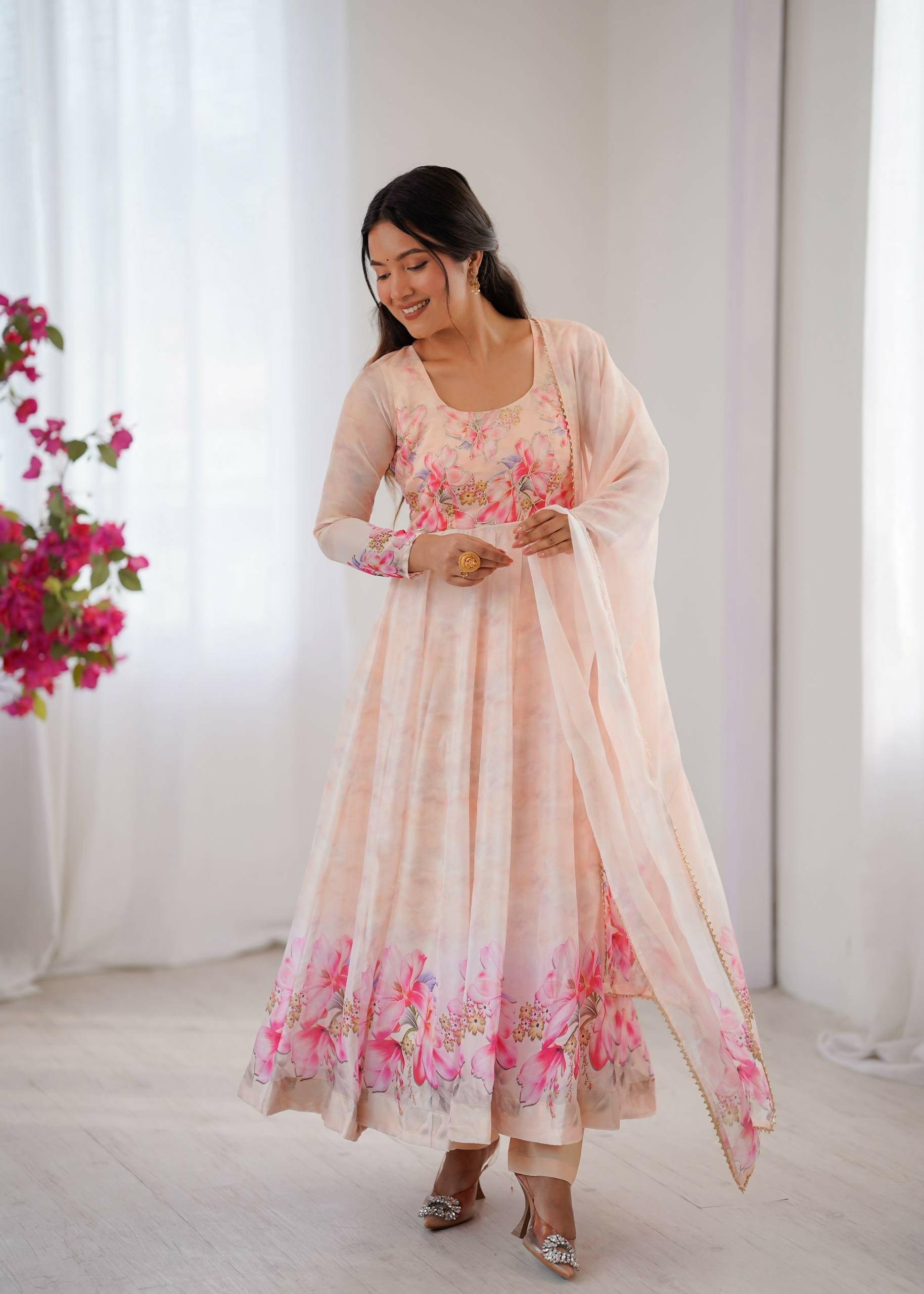 Teeya Creation Womens New Organza Soft Taby Silk Heavy Quality Fabric With Digital Print Baby-Pink Gown Set | Grocsy