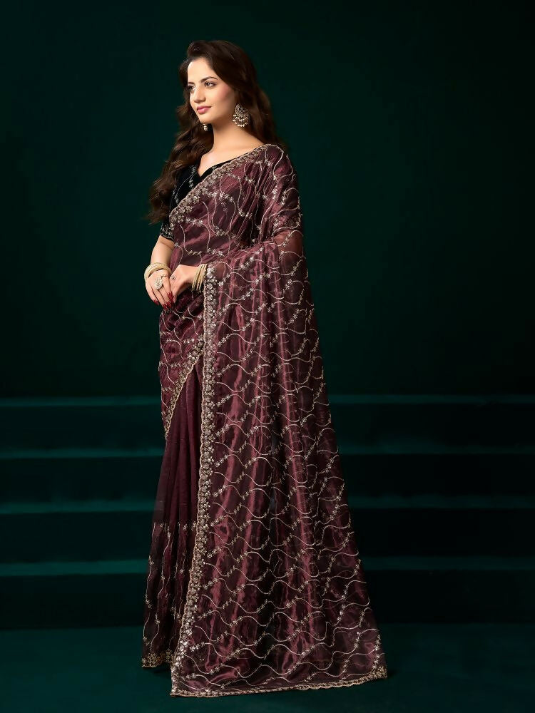 Joban Fashion Maroon Net Party Wear Sarees | Grocsy