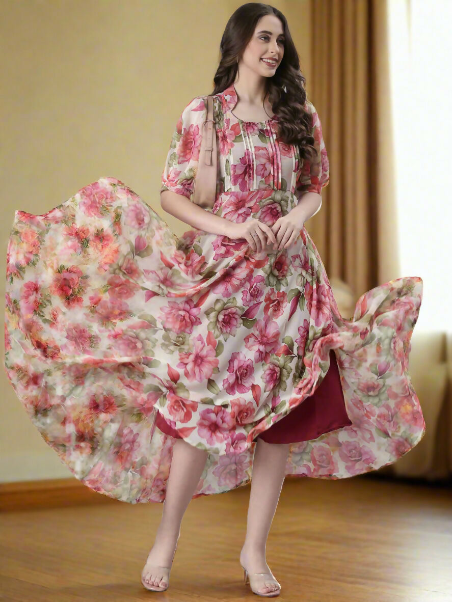 Souchii Cream Floral Chiffon Dress | Grocsy