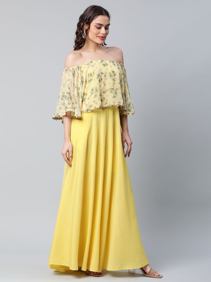 Ahalyaa Women Crepe Printed Yellow Dress | Grocsy
