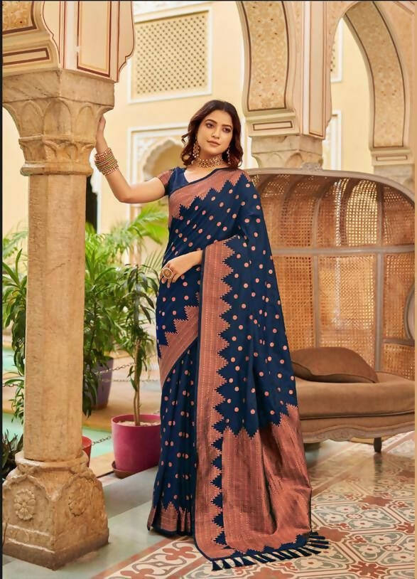 DEIANA'S Beautiful Designer Golden zari Soft Lichi Silk Saree - Navy Blue | Grocsy