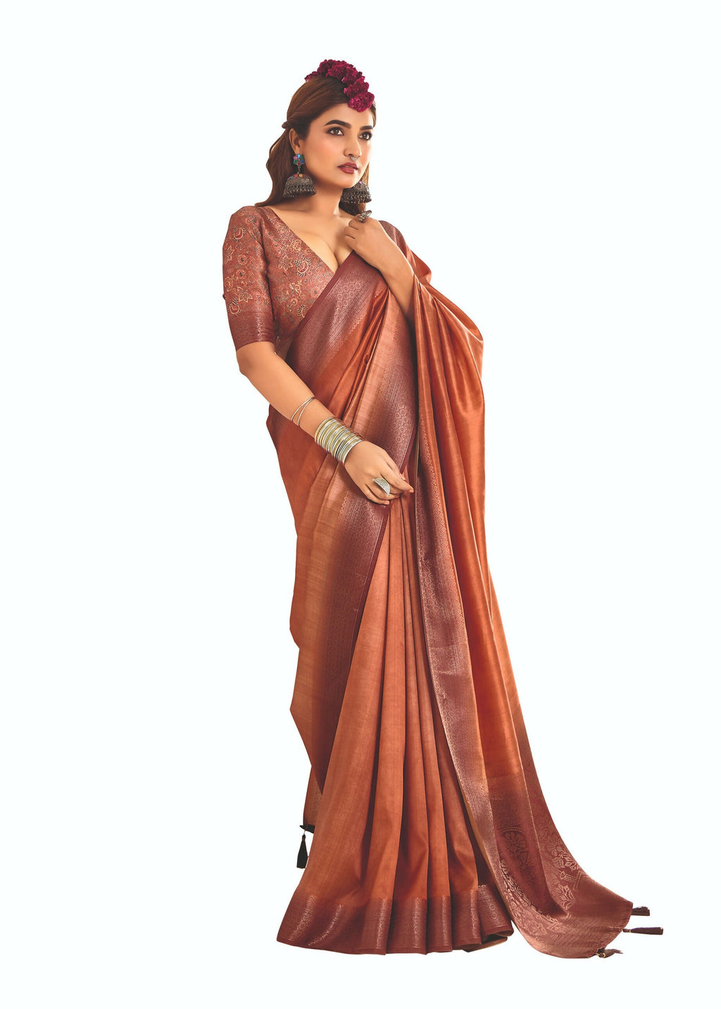 Joban Fashion Satin Silk With Zari Border Peach Colored Designer Pallu Saree | Grocsy