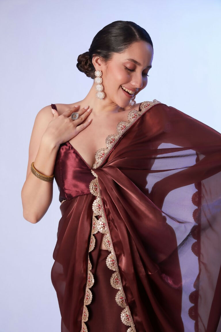 Coffee Brown Satin Solid Designer & Lace Work Saree - Samaa | Grocsy