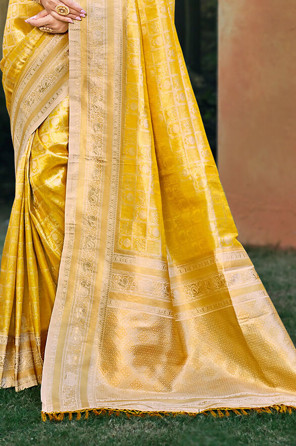 Sangam Prints Yellow Kanjivaram Silk Woven Work Traditional Saree | Grocsy
