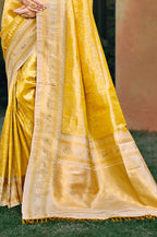 Sangam Prints Yellow Kanjivaram Silk Woven Work Traditional Saree | Grocsy