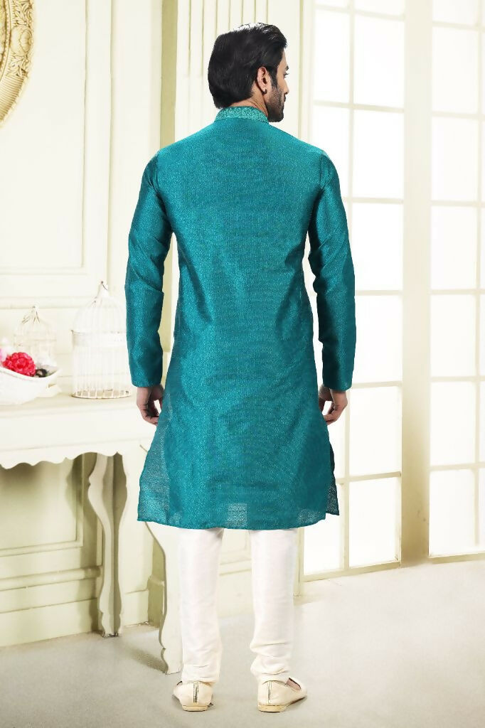 Raivat Ethnic Jacquard Banarasi Silk Thread Work Kurta Pajama In Blue Colour | Grocsy