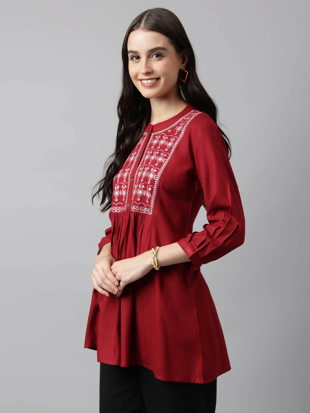 Red Rayon Yoke Embroidered A-line Top - Tarini | Grocsy