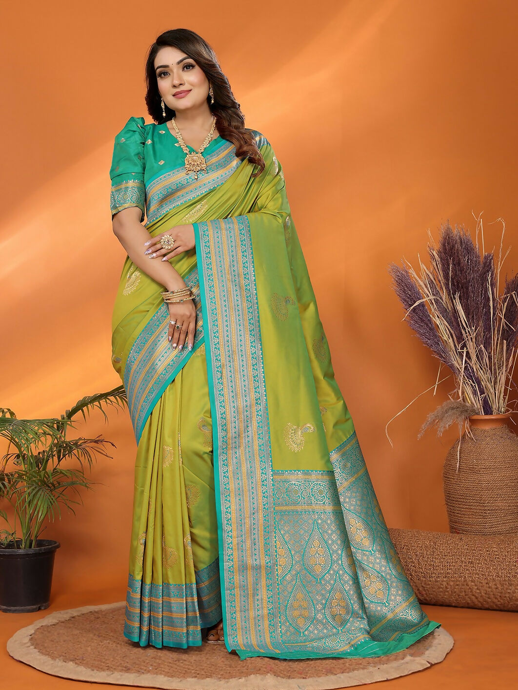 Joban Fashion Banarasi Light Green Small Butti Soft Silk Saree | Grocsy