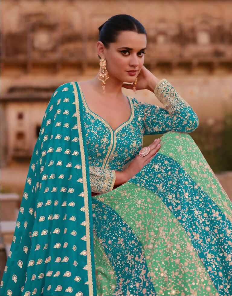 Vastranavya Stunning Turquoise Georgette Embroidered Sequins A Line Anarkali Suit | Grocsy
