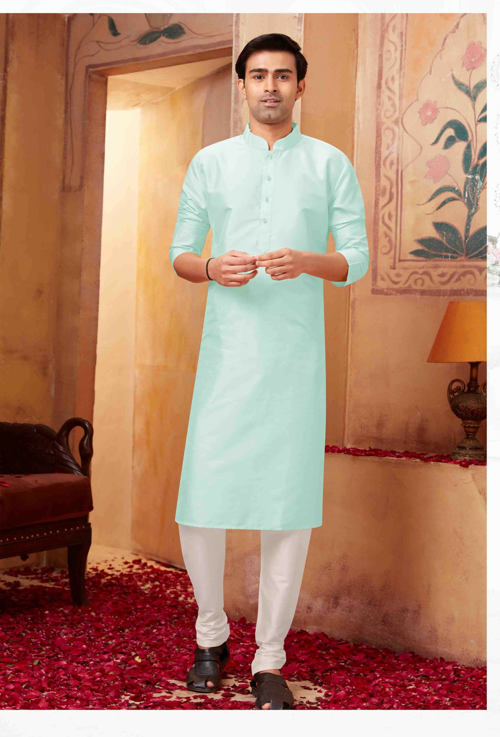 Joban Fashion Aqua Blue Art Silk Kurta Pyjama | Grocsy