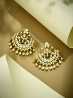 Nuyug 22K Gold-Plated Kundan Stone Studded & Pearl Beaded Moon Chandbalis | Grocsy