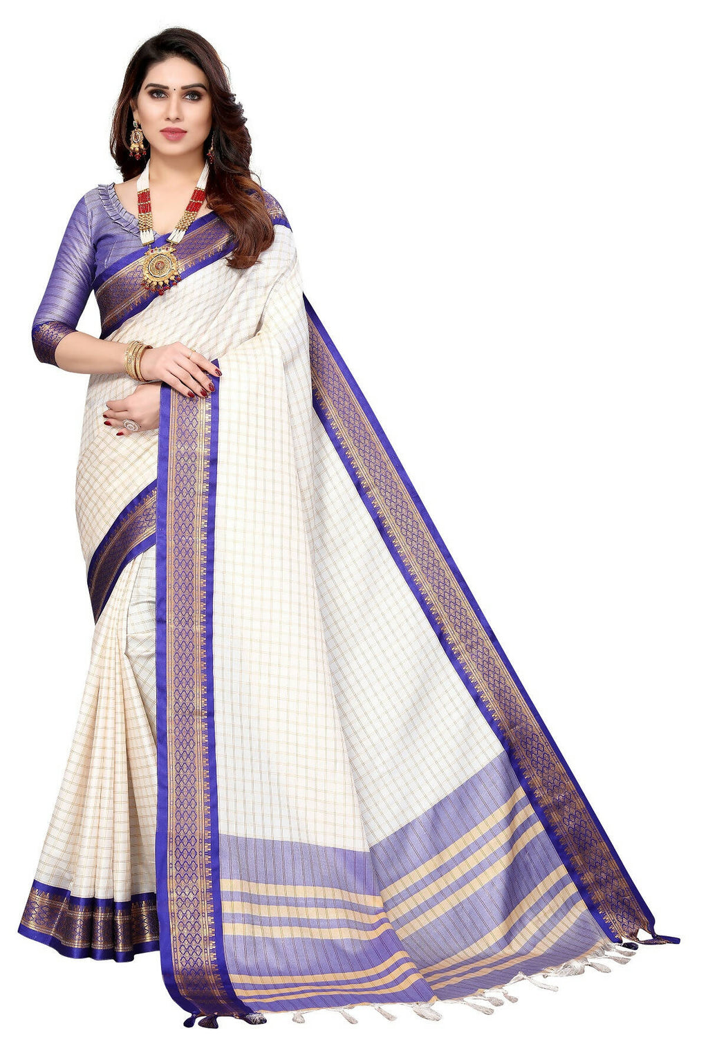 Vamika Weaving White Cotton Silk Saree (DEVAL PURPLE) | Grocsy