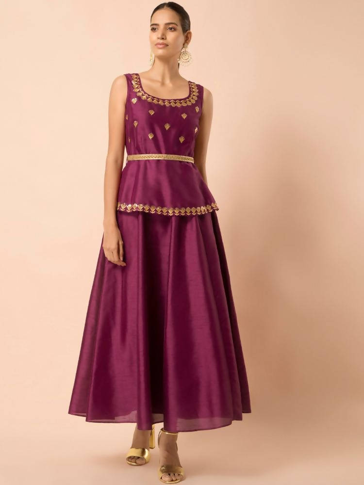 Indya Women Wine-Colored Embroidered Belted Peplum Layered Kurta | Grocsy