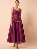 Indya Women Wine-Colored Embroidered Belted Peplum Layered Kurta | Grocsy