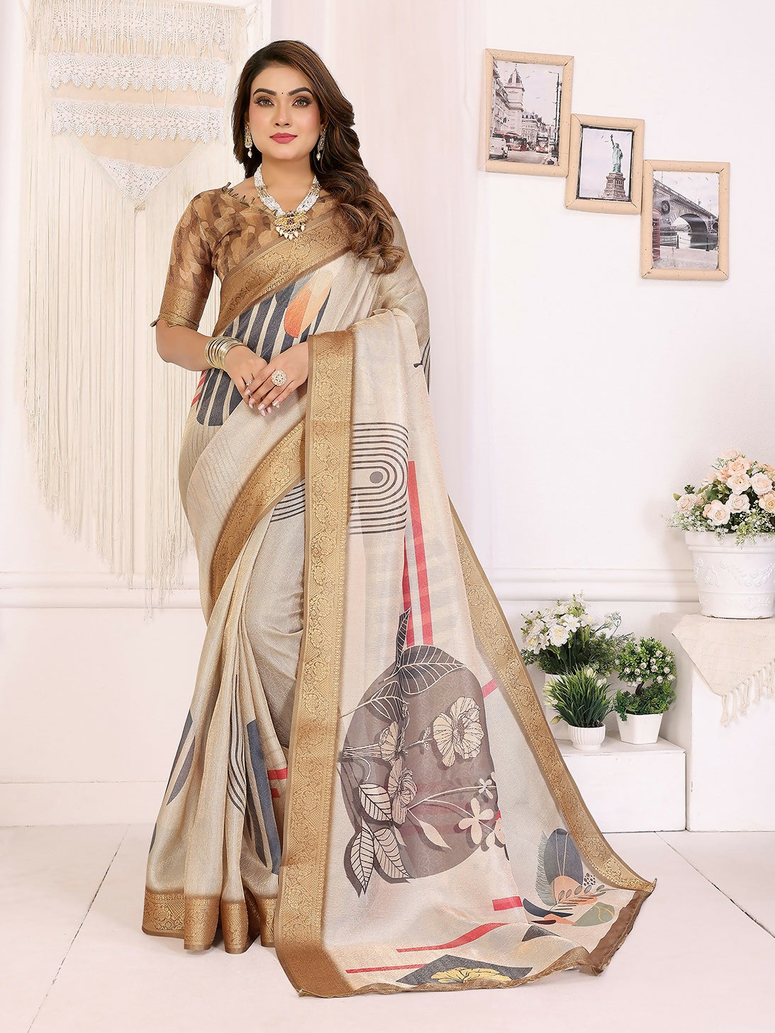 Joban Fashion Beige Art Print pattern Banarasi Silk Sarees | Grocsy
