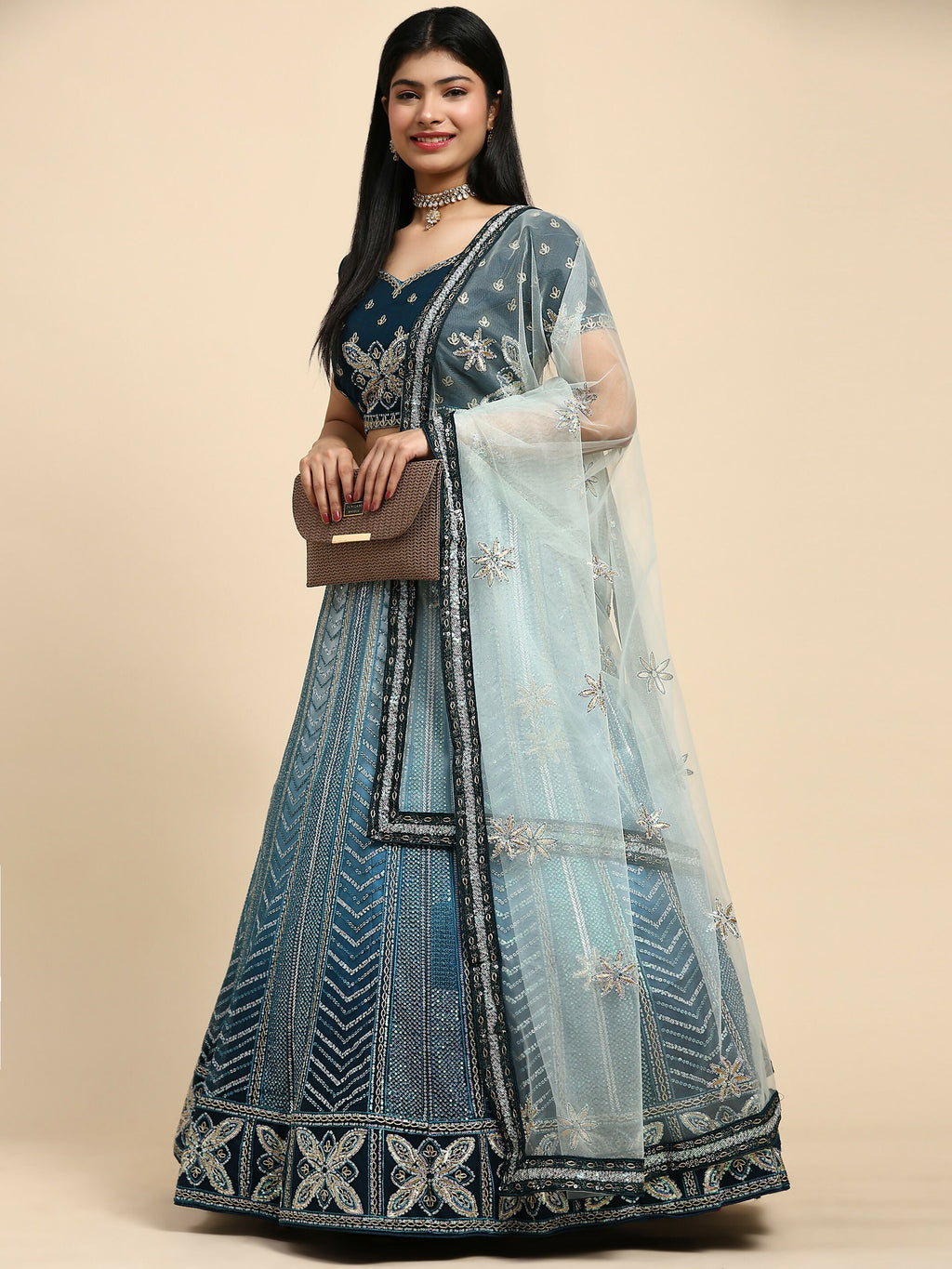Blue Fancy Net Sequence Embroidered Lehenga Choli with Dupatta - Dhara | Grocsy