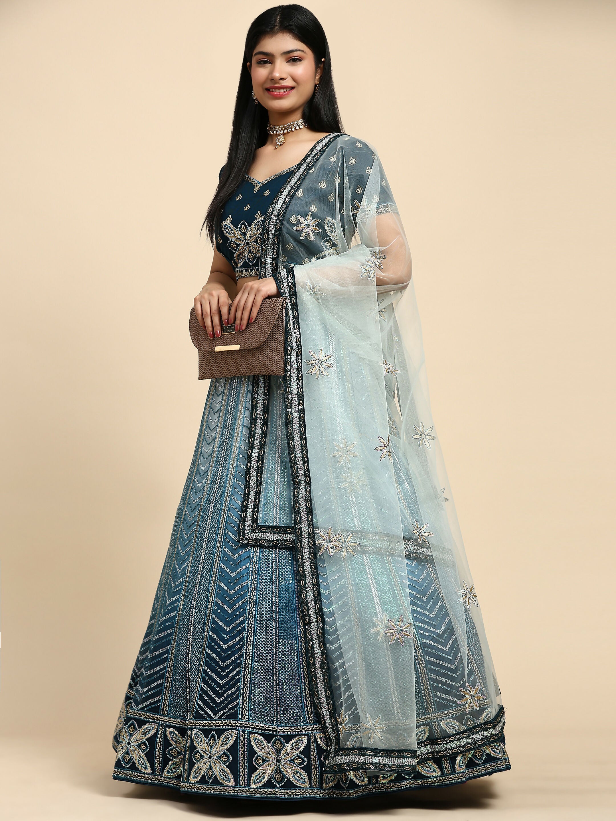 Blue Fancy Net Sequence Embroidered Lehenga Choli with Dupatta - Dhara | Grocsy