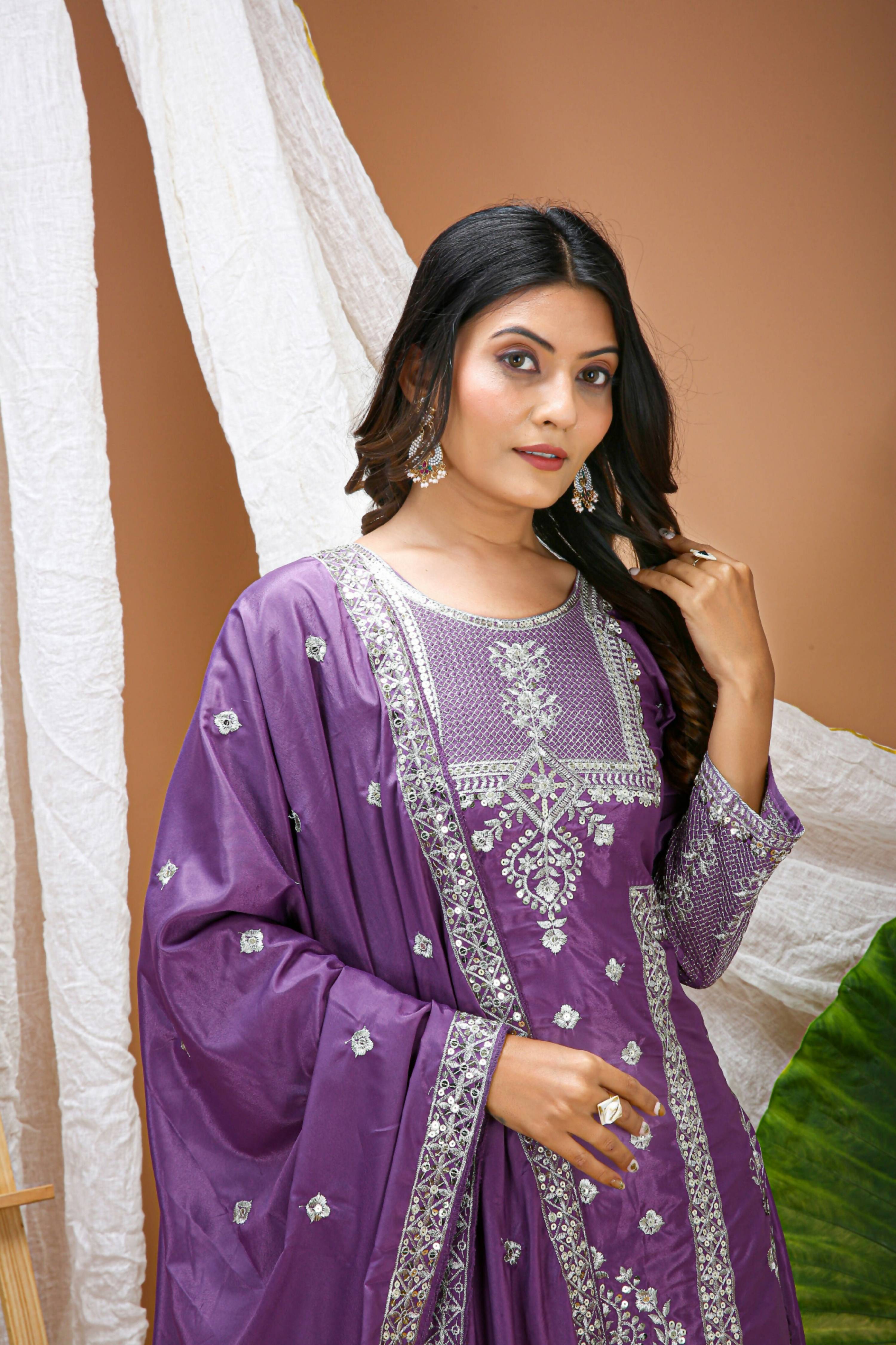 Lehenga Mart Designer Sharara Suit With Kurta, Sharara, Dupatta For Women-Lavender Violet | Grocsy