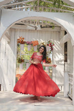 Vastranavya Faux Blooming with Embroidery Zari Sequins-work Gown - Orange | Grocsy