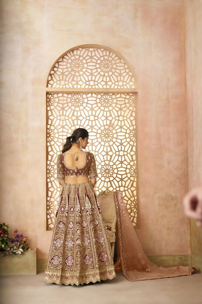 Kesar Fab Coffee Banarasi Silk Embroidered Lehenga | Grocsy