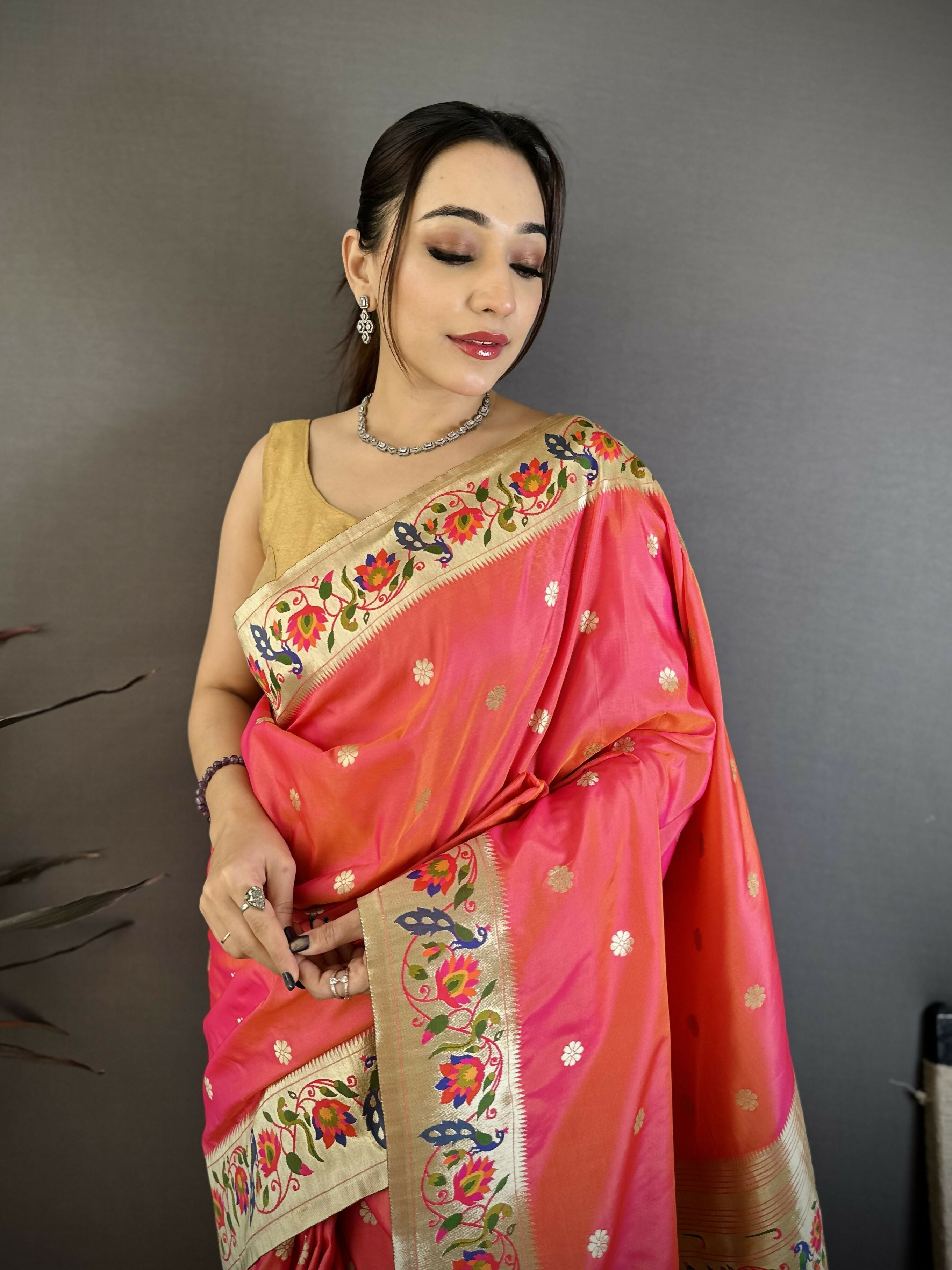 Prime Volt Premium Soft Silk Mayur Paithani Saree with Peacock Meena Weaving & Rich Pallu-Bright Pink | Grocsy