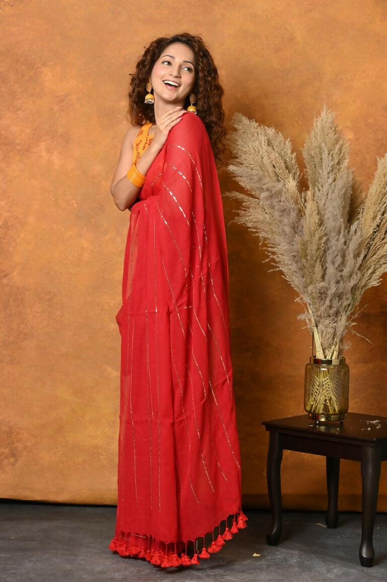 Very Much Indian Pure Mul Cotton Handloom Saree - Red | Grocsy