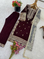 Teeya Creation Maroon Color Velvet Designer Embroidery Work party Wear Suit | Grocsy
