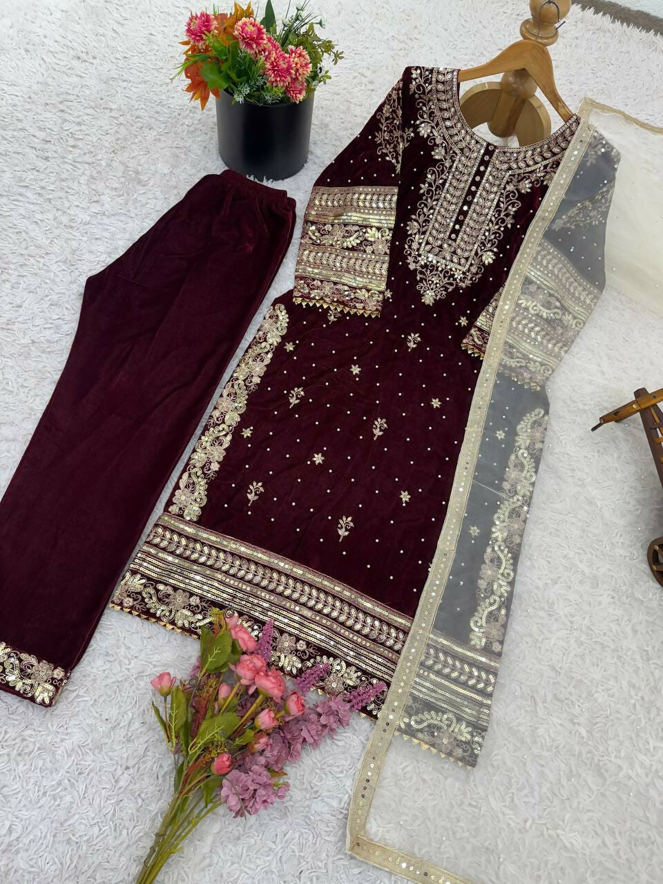 Teeya Creation Maroon Color Velvet Designer Embroidery Work party Wear Suit | Grocsy