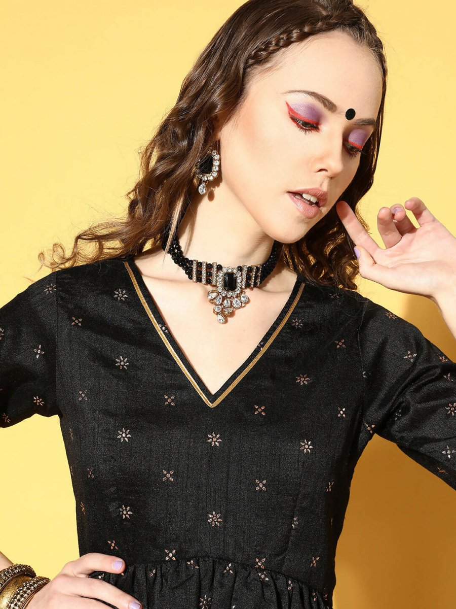 Ahalyaa Women Black Colour Poly Silk Copper Printed Top Palazzo Set | Grocsy