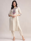 Aavyora Women's Off-White Embroidered Cotton Flex Co-Ord Set | Grocsy