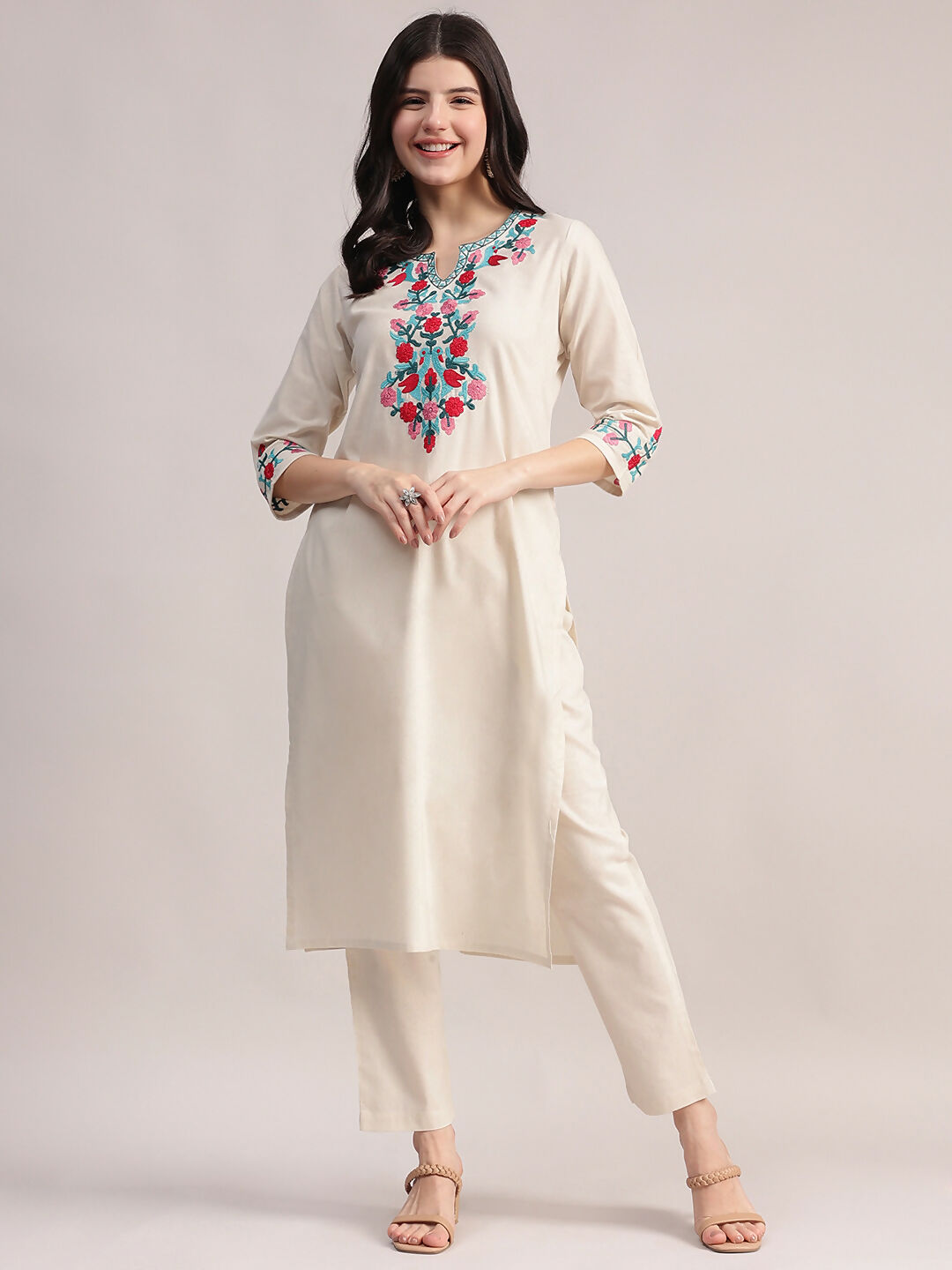 Aavyora Women's Off-White Embroidered Cotton Flex Co-Ord Set | Grocsy