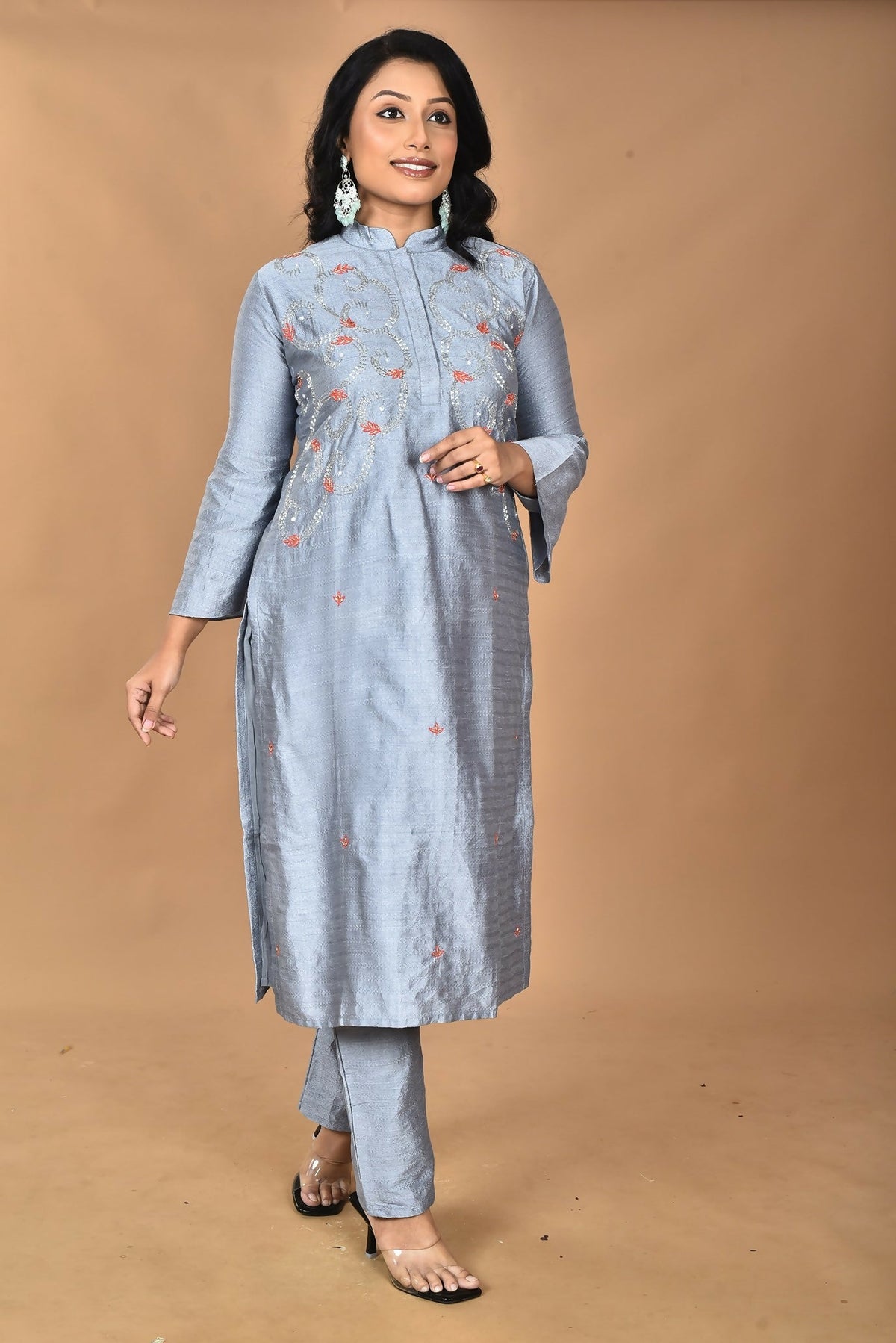 Morchari Women And Hand Embroidery Co-Ord Set-Grey | Grocsy