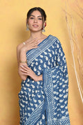 Very Much Indian Handblock Printed Cotton Saree With Natural Dyes - Blue | Grocsy