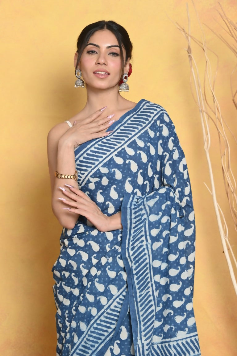 Very Much Indian Handblock Printed Cotton Saree With Natural Dyes - Blue | Grocsy