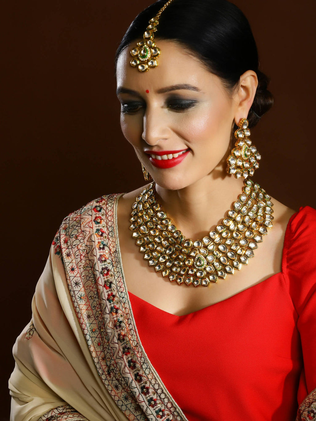 Gold-Polished Maharani Kundan Neckpiece With Earrings And Maang Tikka - Ruby Raang | Grocsy