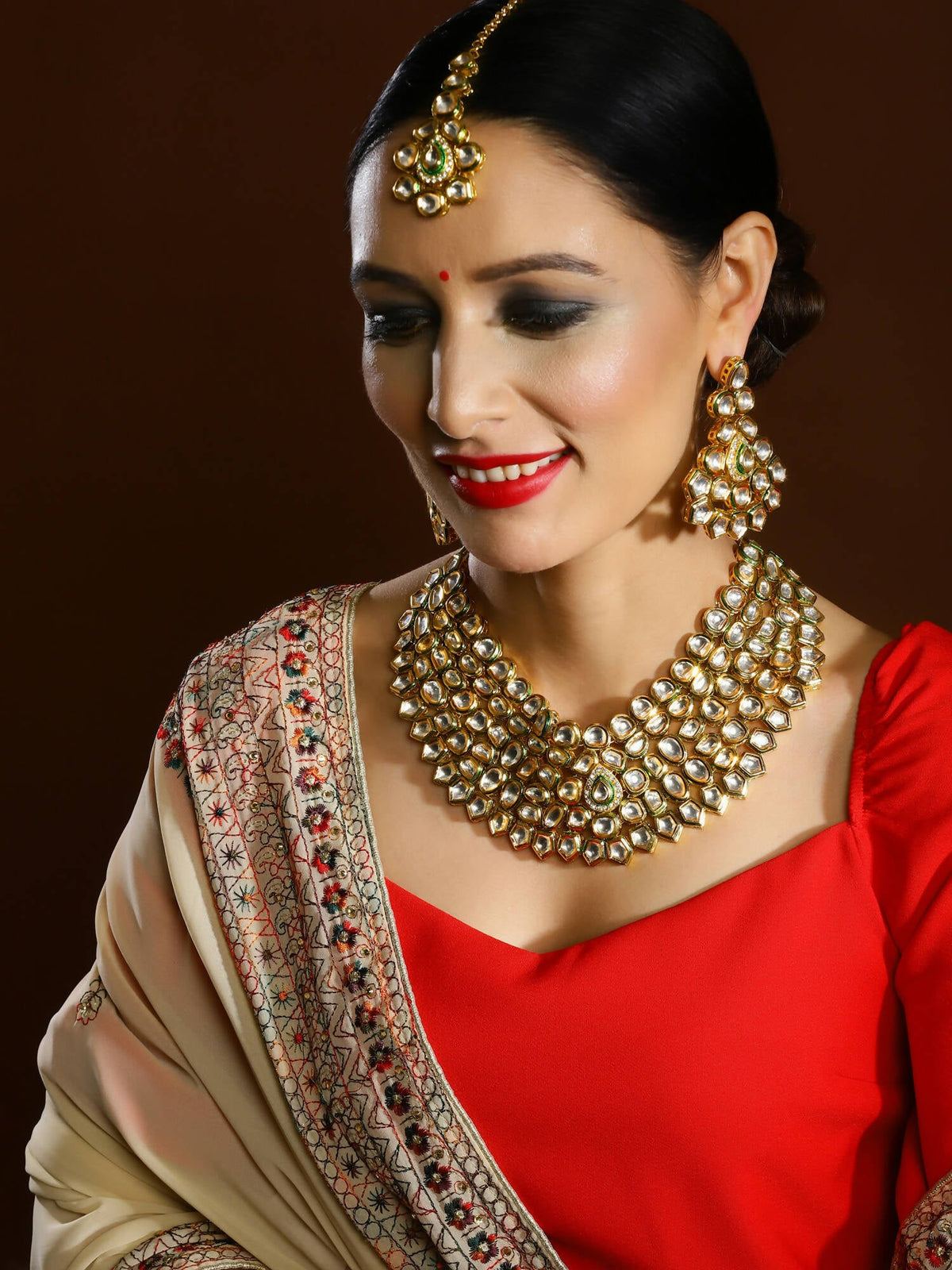 Gold-Polished Maharani Kundan Neckpiece With Earrings And Maang Tikka - Ruby Raang | Grocsy