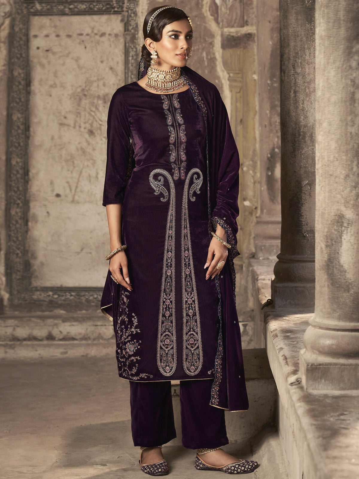 Jyoti Fashion Women's Wine Velvet Floral Resham Thread with Jari work Kurta with Trouser & Dupatta | Grocsy