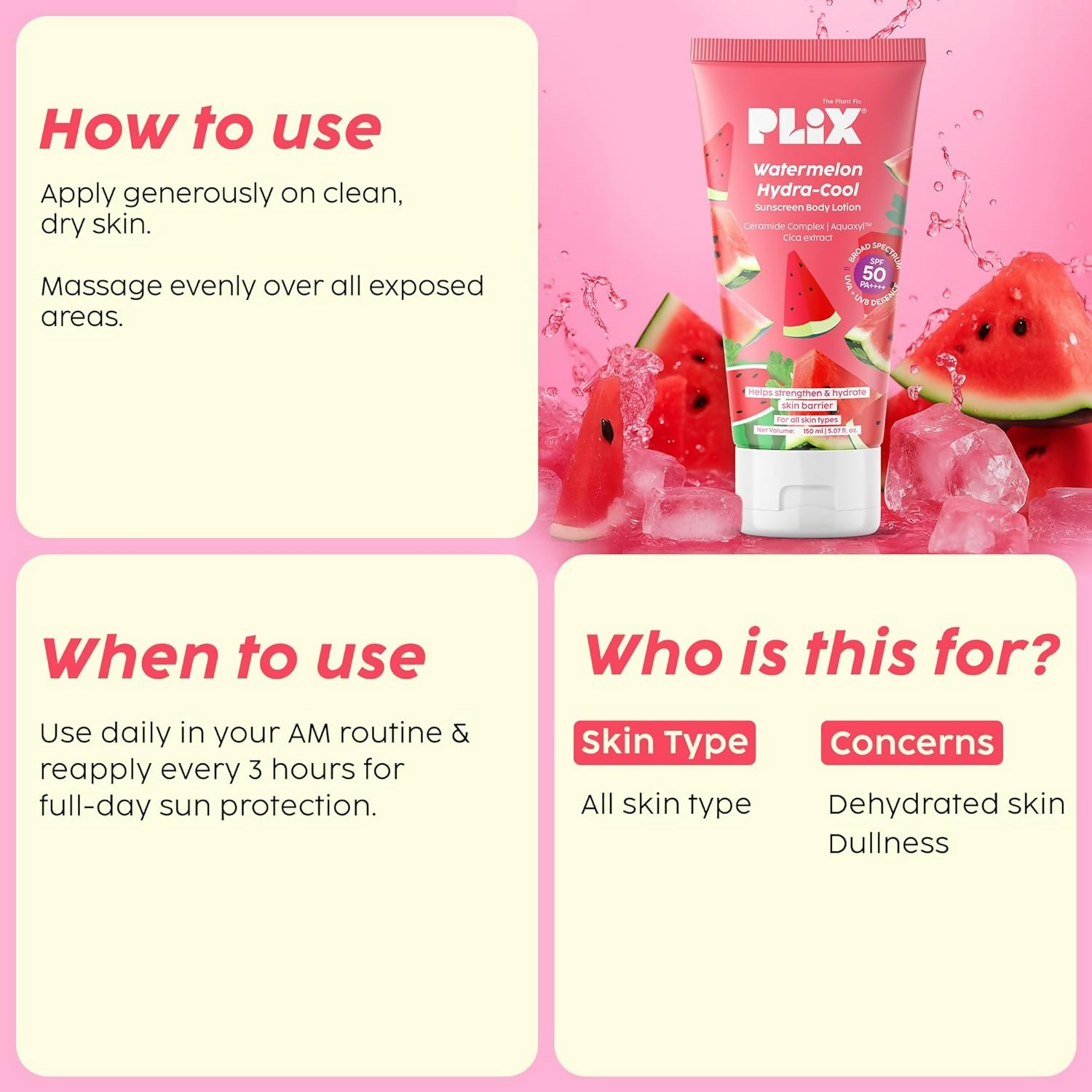PLIX The Plant Fix Watermelon Hydra-Cool Sunscreen Body Lotion With Spf 50 Pa++++ | Grocsy