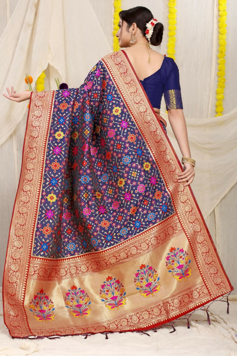 Jyoti Fashion Women's Navy Blue Patola Silk Zari Woven Saree with Blouse | Grocsy
