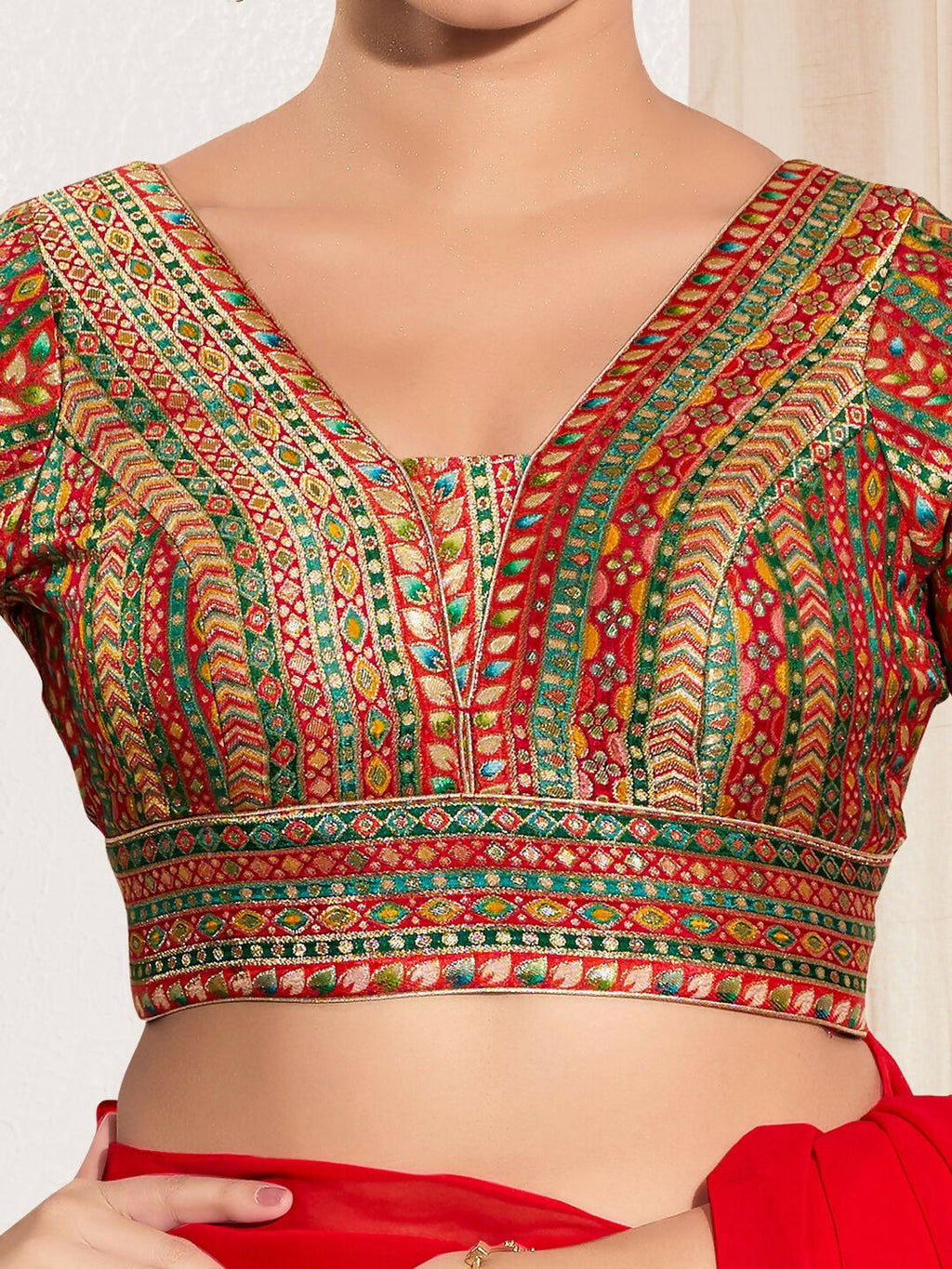 Joban Fashion Red Multi Brocade Padded Blouse With V Neck Elbow Sleeves | Grocsy