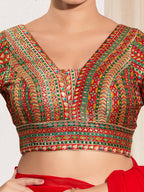 Joban Fashion Red Multi Brocade Padded Blouse With V Neck Elbow Sleeves | Grocsy